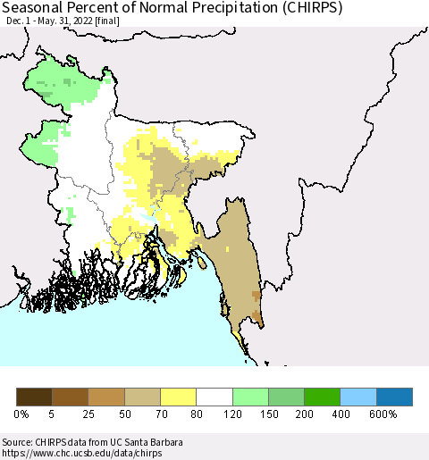 Bangladesh Seasonal Percent of Normal Precipitation (CHIRPS) Thematic Map For 12/1/2021 - 5/31/2022