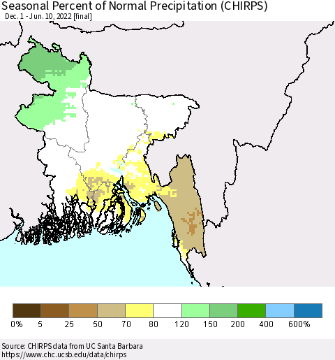 Bangladesh Seasonal Percent of Normal Precipitation (CHIRPS) Thematic Map For 12/1/2021 - 6/10/2022