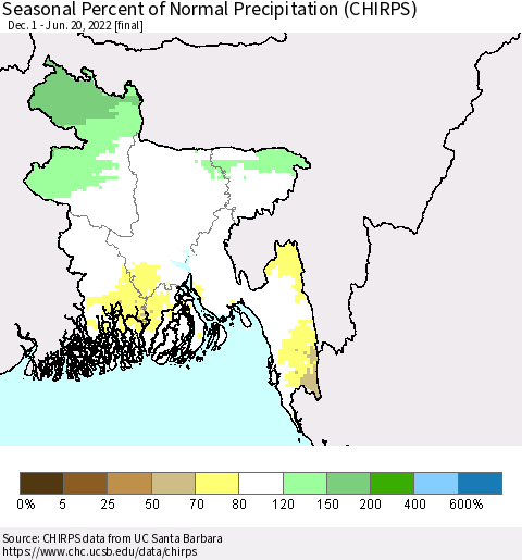 Bangladesh Seasonal Percent of Normal Precipitation (CHIRPS) Thematic Map For 12/1/2021 - 6/20/2022
