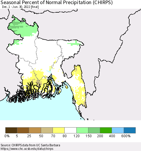Bangladesh Seasonal Percent of Normal Precipitation (CHIRPS) Thematic Map For 12/1/2021 - 6/30/2022
