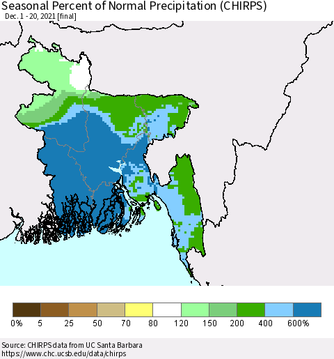 Bangladesh Seasonal Percent of Normal Precipitation (CHIRPS) Thematic Map For 12/1/2021 - 12/20/2021