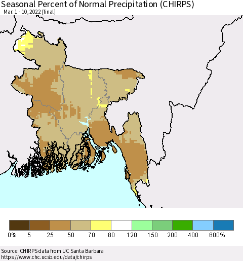Bangladesh Seasonal Percent of Normal Precipitation (CHIRPS) Thematic Map For 3/1/2022 - 3/10/2022
