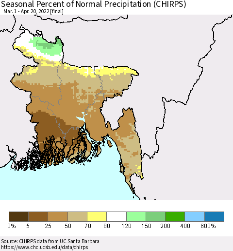 Bangladesh Seasonal Percent of Normal Precipitation (CHIRPS) Thematic Map For 3/1/2022 - 4/20/2022