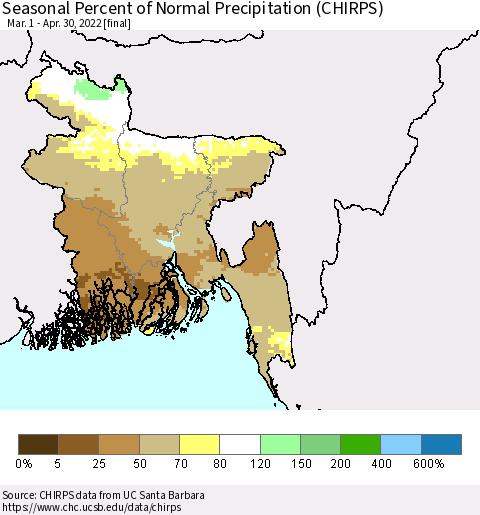 Bangladesh Seasonal Percent of Normal Precipitation (CHIRPS) Thematic Map For 3/1/2022 - 4/30/2022