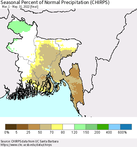 Bangladesh Seasonal Percent of Normal Precipitation (CHIRPS) Thematic Map For 3/1/2022 - 5/31/2022