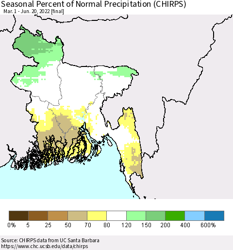Bangladesh Seasonal Percent of Normal Precipitation (CHIRPS) Thematic Map For 3/1/2022 - 6/20/2022