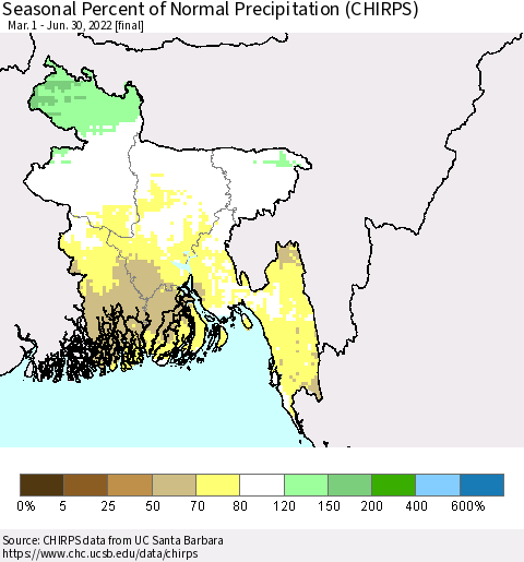 Bangladesh Seasonal Percent of Normal Precipitation (CHIRPS) Thematic Map For 3/1/2022 - 6/30/2022