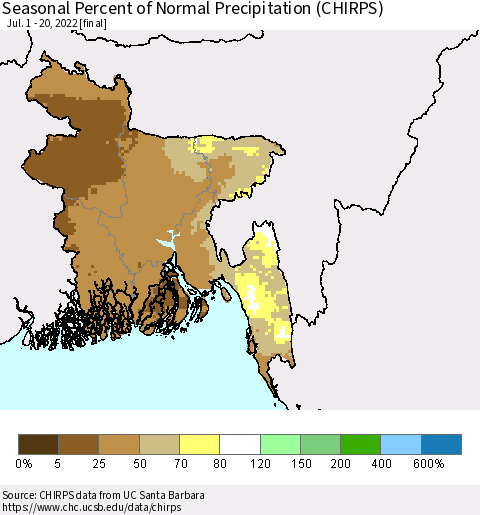 Bangladesh Seasonal Percent of Normal Precipitation (CHIRPS) Thematic Map For 7/1/2022 - 7/20/2022