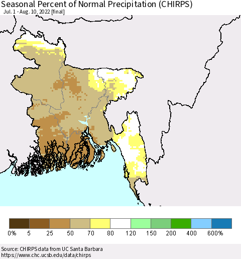 Bangladesh Seasonal Percent of Normal Precipitation (CHIRPS) Thematic Map For 7/1/2022 - 8/10/2022