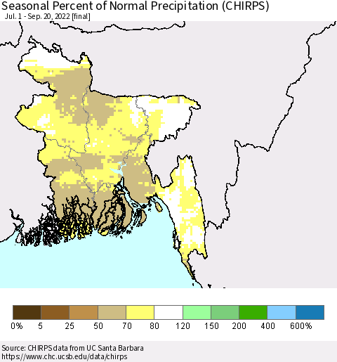 Bangladesh Seasonal Percent of Normal Precipitation (CHIRPS) Thematic Map For 7/1/2022 - 9/20/2022