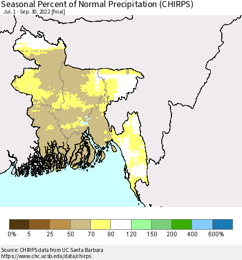 Bangladesh Seasonal Percent of Normal Precipitation (CHIRPS) Thematic Map For 7/1/2022 - 9/30/2022