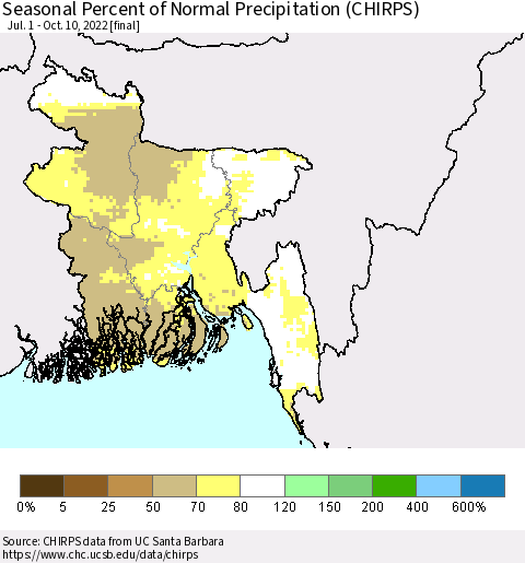 Bangladesh Seasonal Percent of Normal Precipitation (CHIRPS) Thematic Map For 7/1/2022 - 10/10/2022