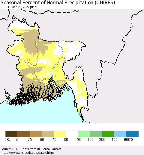 Bangladesh Seasonal Percent of Normal Precipitation (CHIRPS) Thematic Map For 7/1/2022 - 10/20/2022