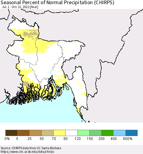 Bangladesh Seasonal Percent of Normal Precipitation (CHIRPS) Thematic Map For 7/1/2022 - 10/31/2022
