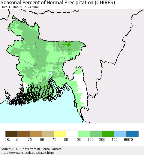 Bangladesh Seasonal Percent of Normal Precipitation (CHIRPS) Thematic Map For 12/1/2022 - 3/31/2023
