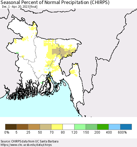 Bangladesh Seasonal Percent of Normal Precipitation (CHIRPS) Thematic Map For 12/1/2022 - 4/20/2023