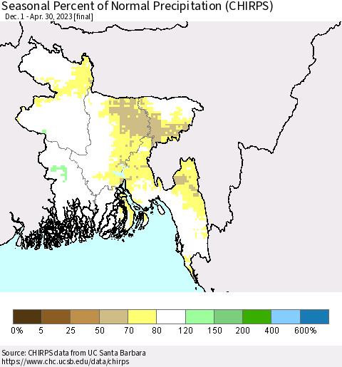 Bangladesh Seasonal Percent of Normal Precipitation (CHIRPS) Thematic Map For 12/1/2022 - 4/30/2023
