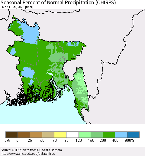 Bangladesh Seasonal Percent of Normal Precipitation (CHIRPS) Thematic Map For 3/1/2023 - 3/20/2023
