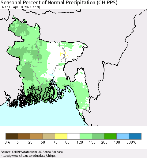 Bangladesh Seasonal Percent of Normal Precipitation (CHIRPS) Thematic Map For 3/1/2023 - 4/10/2023
