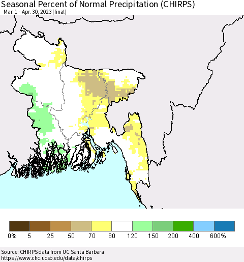 Bangladesh Seasonal Percent of Normal Precipitation (CHIRPS) Thematic Map For 3/1/2023 - 4/30/2023