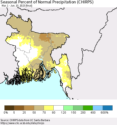 Bangladesh Seasonal Percent of Normal Precipitation (CHIRPS) Thematic Map For 3/1/2023 - 6/10/2023