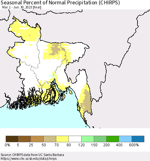 Bangladesh Seasonal Percent of Normal Precipitation (CHIRPS) Thematic Map For 3/1/2023 - 6/30/2023