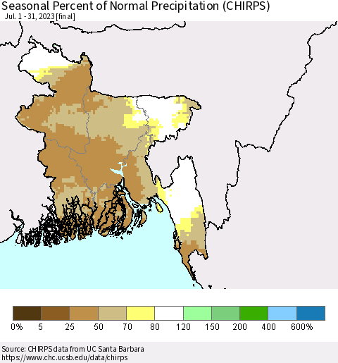 Bangladesh Seasonal Percent of Normal Precipitation (CHIRPS) Thematic Map For 7/1/2023 - 7/31/2023