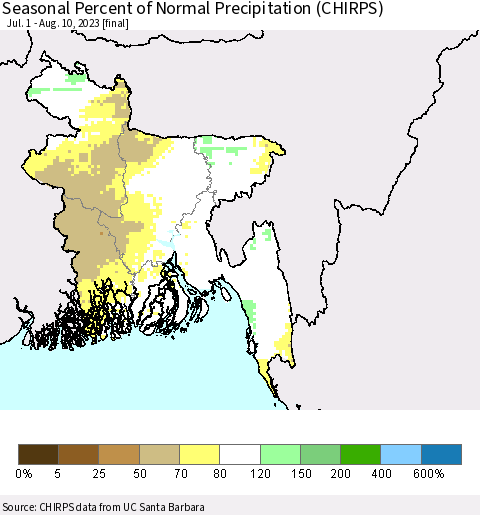Bangladesh Seasonal Percent of Normal Precipitation (CHIRPS) Thematic Map For 7/1/2023 - 8/10/2023