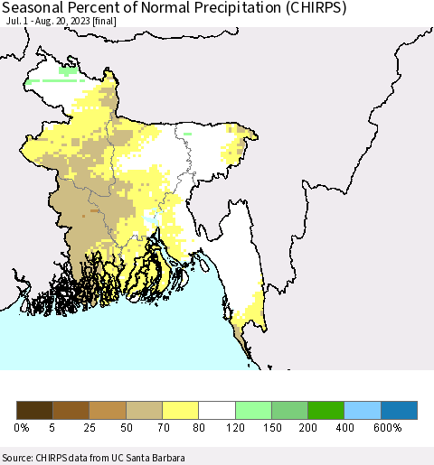 Bangladesh Seasonal Percent of Normal Precipitation (CHIRPS) Thematic Map For 7/1/2023 - 8/20/2023