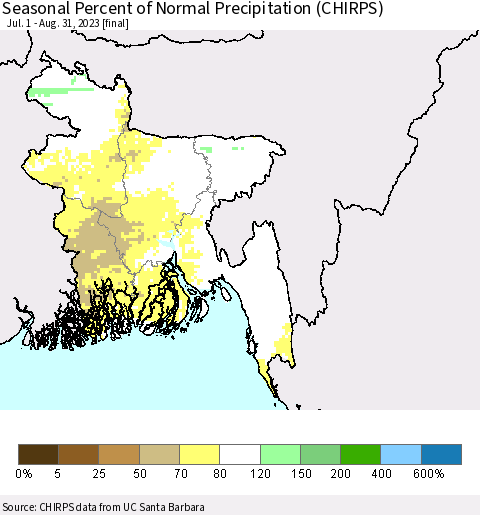 Bangladesh Seasonal Percent of Normal Precipitation (CHIRPS) Thematic Map For 7/1/2023 - 8/31/2023