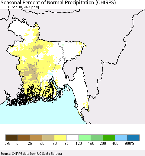 Bangladesh Seasonal Percent of Normal Precipitation (CHIRPS) Thematic Map For 7/1/2023 - 9/10/2023