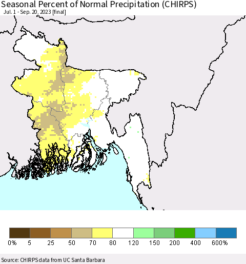Bangladesh Seasonal Percent of Normal Precipitation (CHIRPS) Thematic Map For 7/1/2023 - 9/20/2023