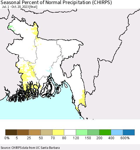 Bangladesh Seasonal Percent of Normal Precipitation (CHIRPS) Thematic Map For 7/1/2023 - 10/20/2023