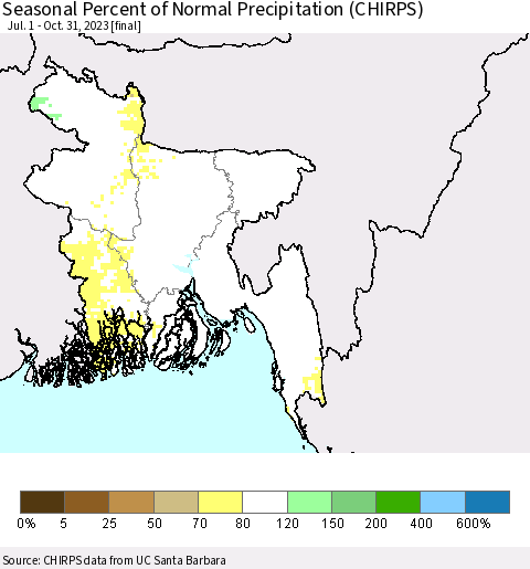 Bangladesh Seasonal Percent of Normal Precipitation (CHIRPS) Thematic Map For 7/1/2023 - 10/31/2023