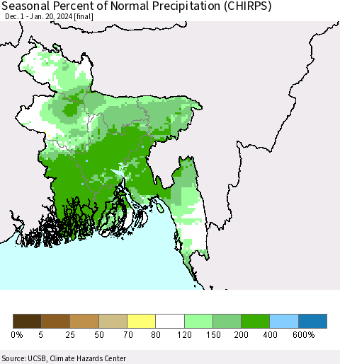Bangladesh Seasonal Percent of Normal Precipitation (CHIRPS) Thematic Map For 12/1/2023 - 1/20/2024