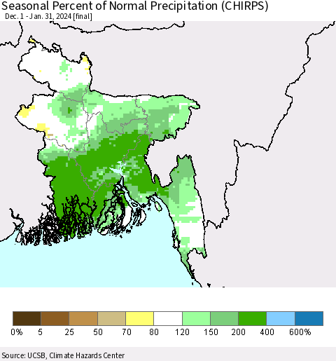 Bangladesh Seasonal Percent of Normal Precipitation (CHIRPS) Thematic Map For 12/1/2023 - 1/31/2024
