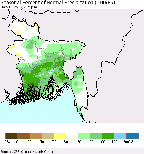 Bangladesh Seasonal Percent of Normal Precipitation (CHIRPS) Thematic Map For 12/1/2023 - 2/10/2024