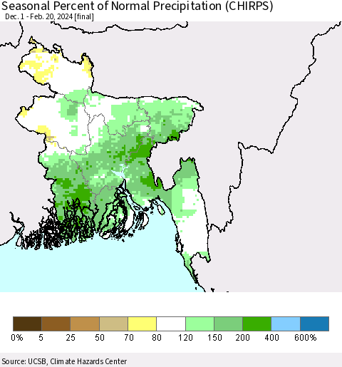 Bangladesh Seasonal Percent of Normal Precipitation (CHIRPS) Thematic Map For 12/1/2023 - 2/20/2024