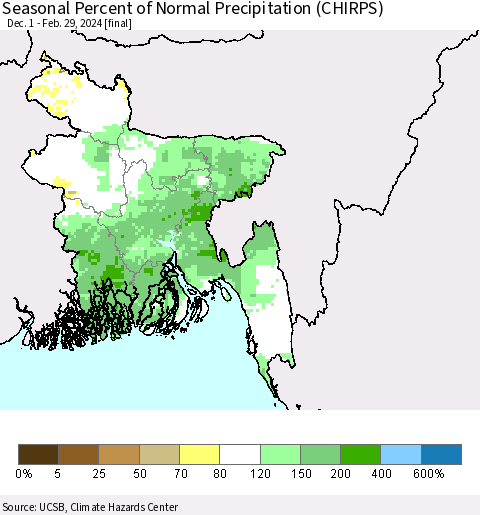 Bangladesh Seasonal Percent of Normal Precipitation (CHIRPS) Thematic Map For 12/1/2023 - 2/29/2024