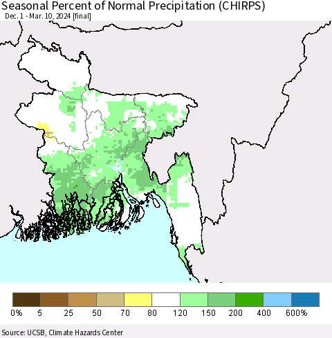 Bangladesh Seasonal Percent of Normal Precipitation (CHIRPS) Thematic Map For 12/1/2023 - 3/10/2024