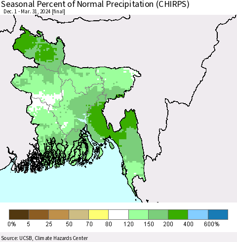 Bangladesh Seasonal Percent of Normal Precipitation (CHIRPS) Thematic Map For 12/1/2023 - 3/31/2024