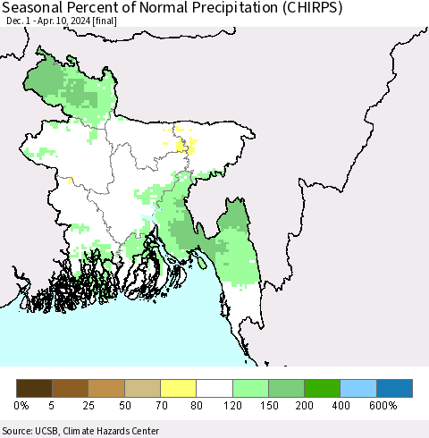 Bangladesh Seasonal Percent of Normal Precipitation (CHIRPS) Thematic Map For 12/1/2023 - 4/10/2024