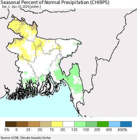 Bangladesh Seasonal Percent of Normal Precipitation (CHIRPS) Thematic Map For 12/1/2023 - 4/10/2024