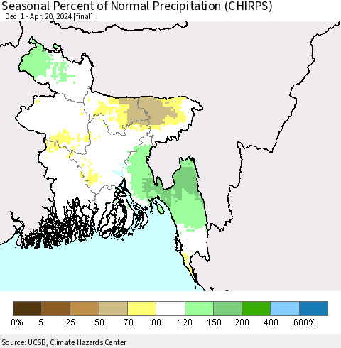 Bangladesh Seasonal Percent of Normal Precipitation (CHIRPS) Thematic Map For 12/1/2023 - 4/20/2024