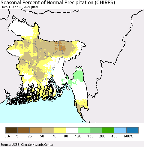 Bangladesh Seasonal Percent of Normal Precipitation (CHIRPS) Thematic Map For 12/1/2023 - 4/30/2024