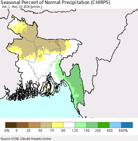 Bangladesh Seasonal Percent of Normal Precipitation (CHIRPS) Thematic Map For 12/1/2023 - 5/10/2024