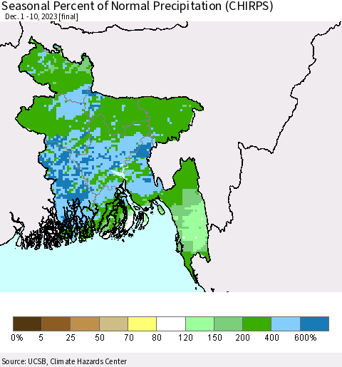 Bangladesh Seasonal Percent of Normal Precipitation (CHIRPS) Thematic Map For 12/1/2023 - 12/10/2023
