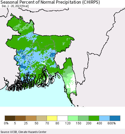 Bangladesh Seasonal Percent of Normal Precipitation (CHIRPS) Thematic Map For 12/1/2023 - 12/20/2023