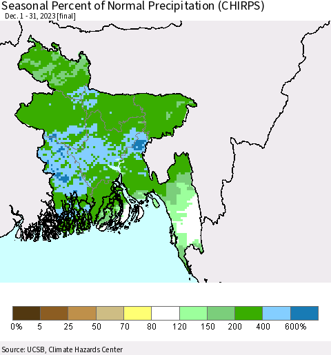 Bangladesh Seasonal Percent of Normal Precipitation (CHIRPS) Thematic Map For 12/1/2023 - 12/31/2023