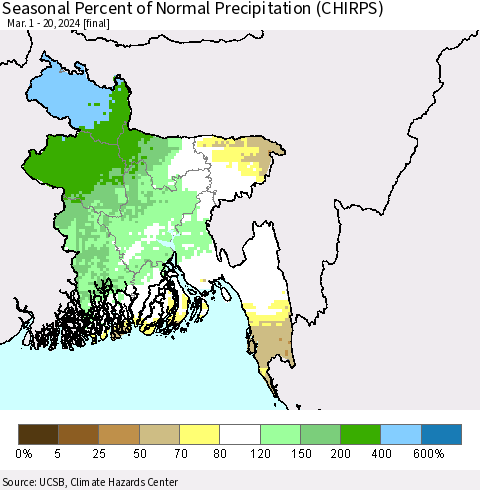 Bangladesh Seasonal Percent of Normal Precipitation (CHIRPS) Thematic Map For 3/1/2024 - 3/20/2024
